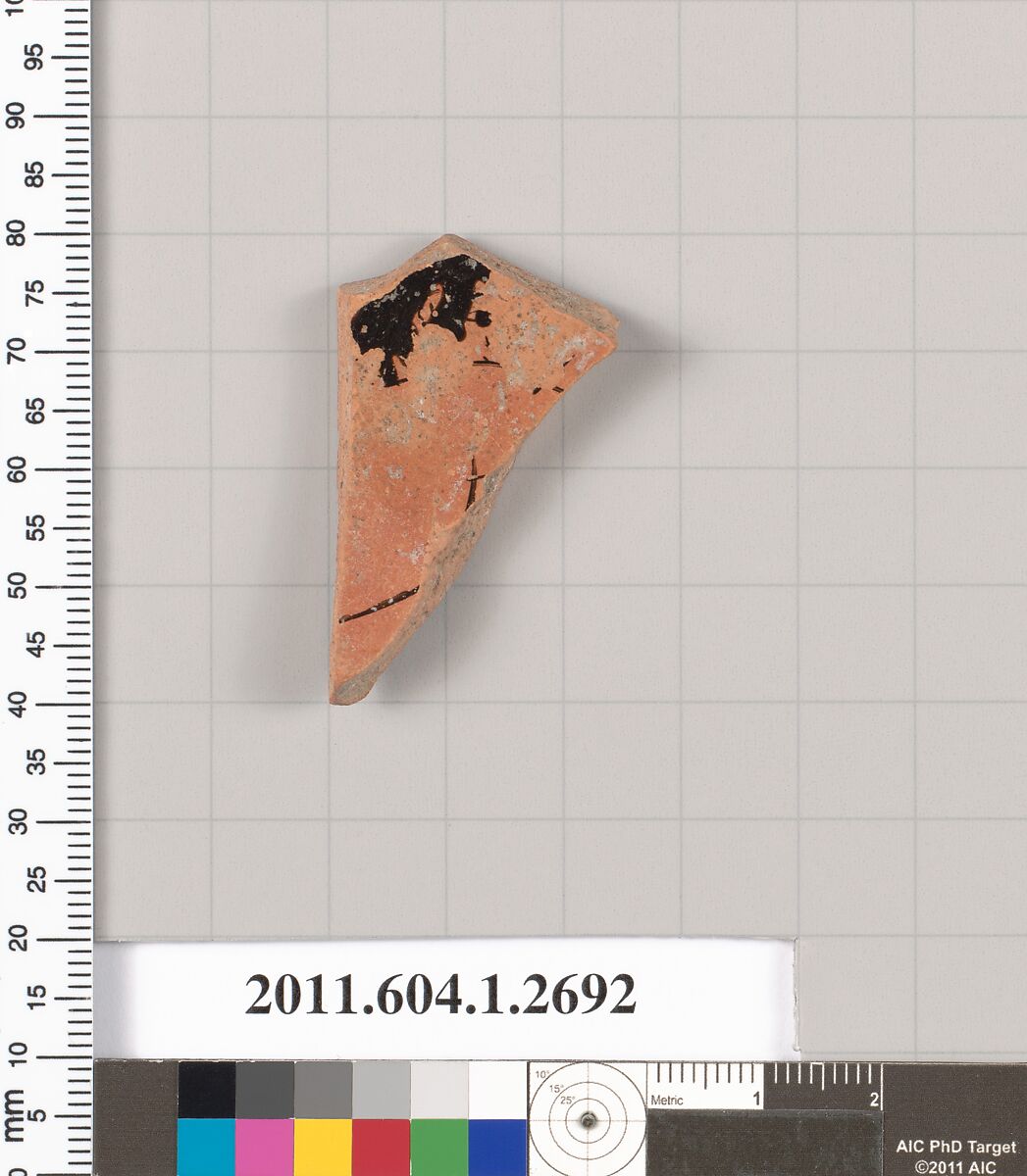 Terracotta fragment of a kylix (drinking cup), Terracotta, Greek, Attic 