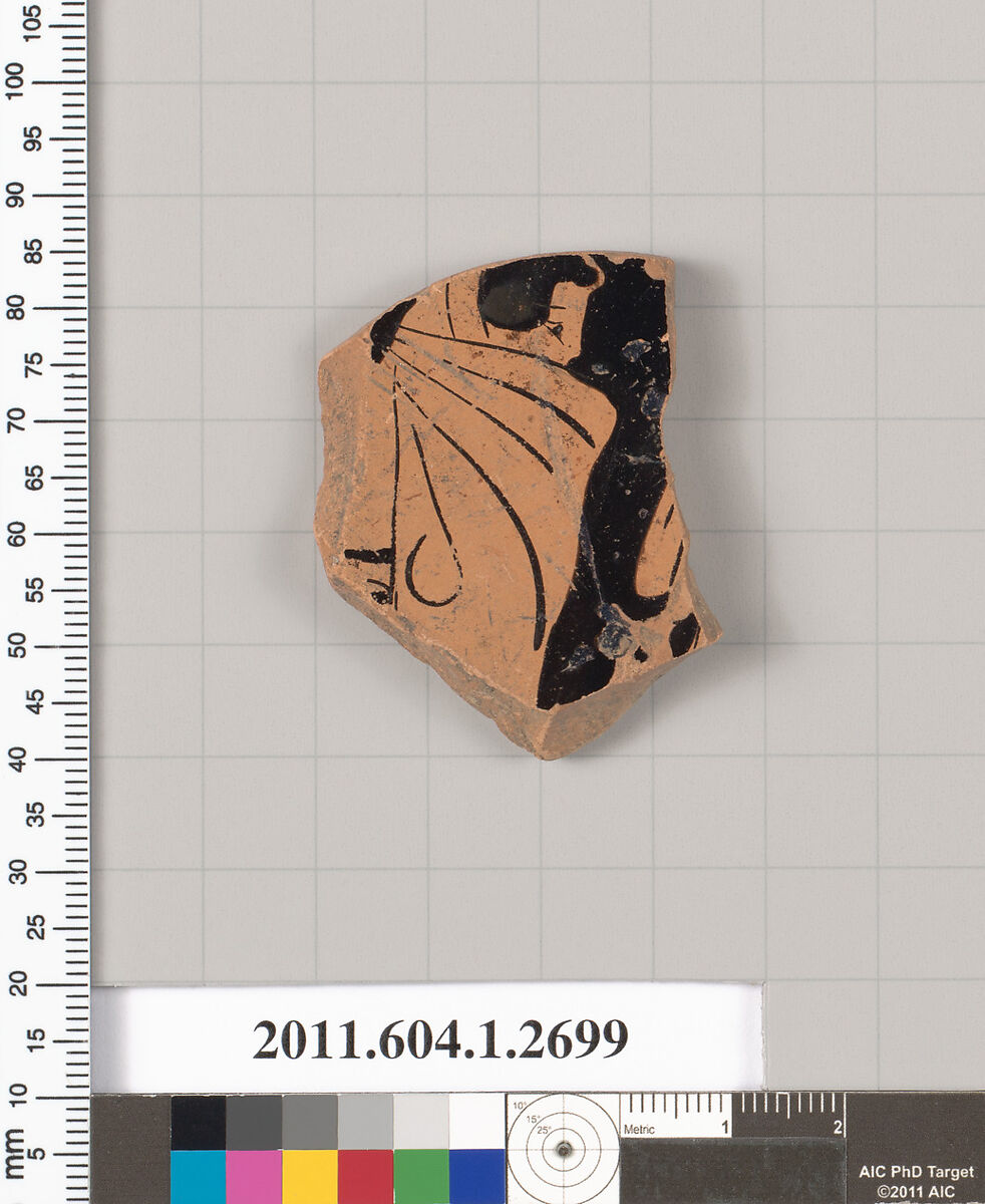 Terracotta fragment of a kylix (drinking cup), Terracotta, Greek, Attic 