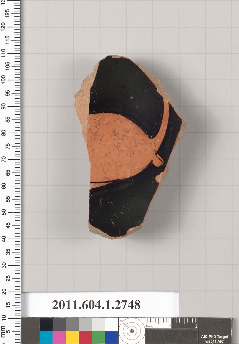 Terracotta fragment of a kylix (drinking cup), Terracotta, Greek, Attic 
