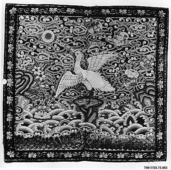 Rank Badge with Egret, Silk, metallic thread on silk, China 