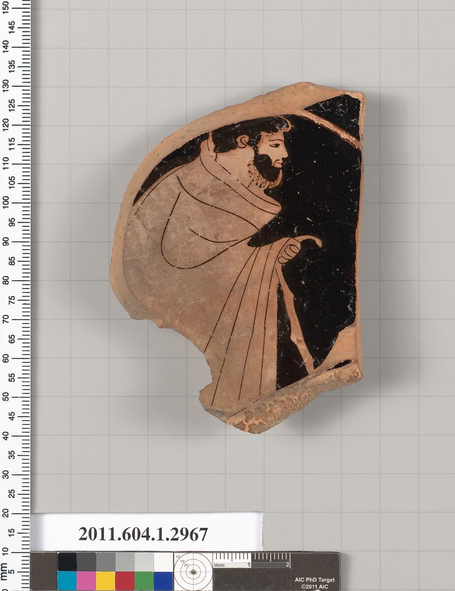 Terracotta fragment of a kylix (drinking cup), Terracotta, Greek, Attic 