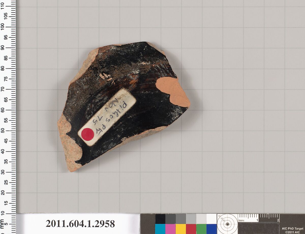 Terracotta fragment of a kylix (drinking cup), Attributed to the Pithos Painter [DvB], Terracotta, Greek, Attic