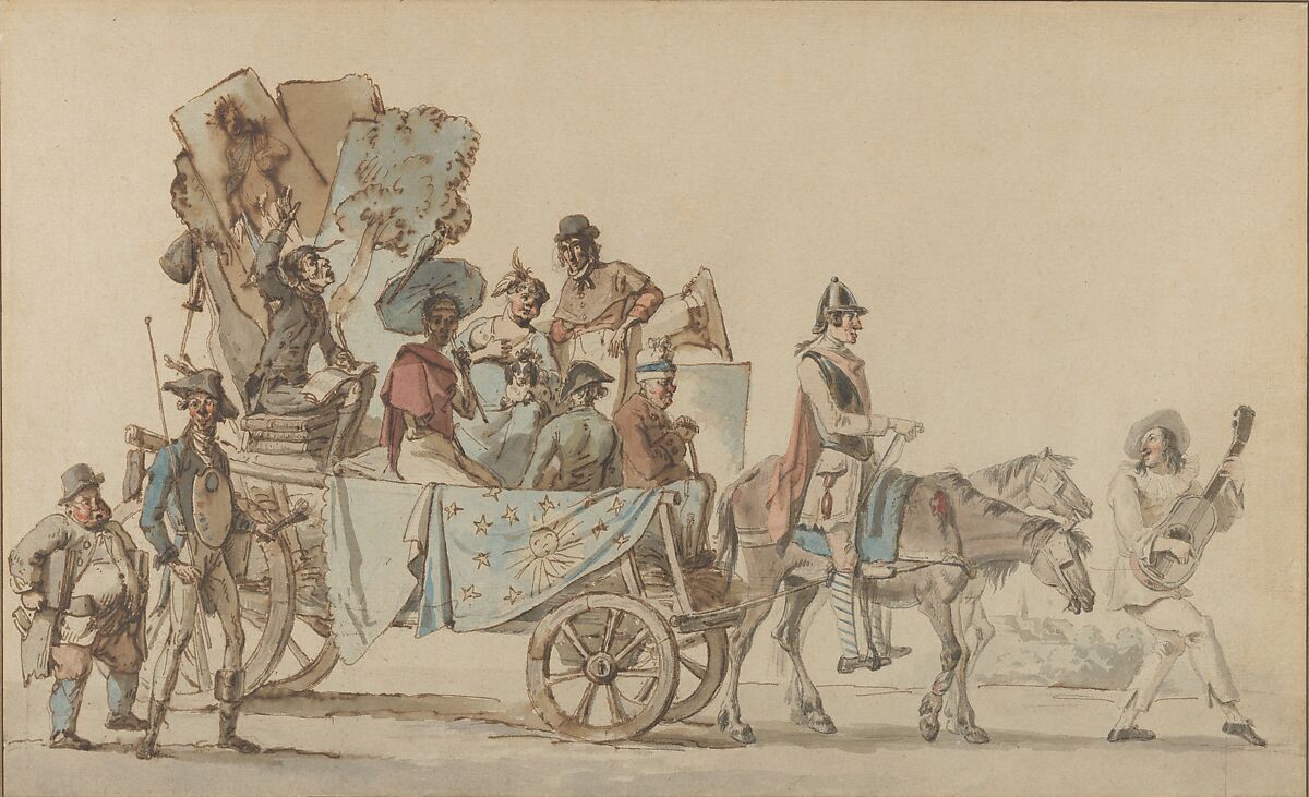 Theatrical Troupe on the Road, Eugène Delacroix (French, Charenton-Saint-Maurice 1798–1863 Paris), Pen and brown ink, watercolor, over graphite 