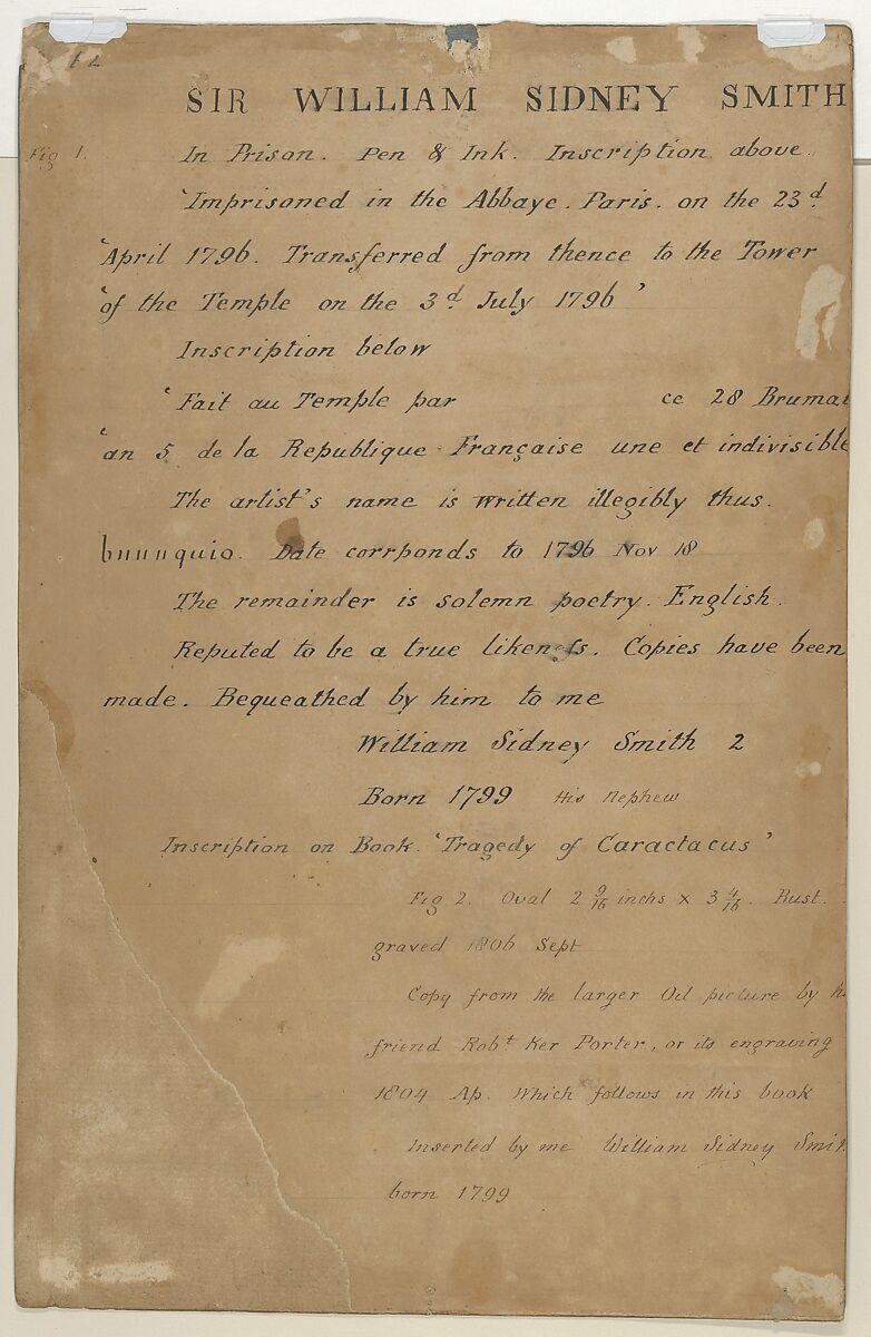 Portrait of Sir Sidney Smith in the Temple Prison, Philippe Auguste Hennequin (French, Lyon 1762–1833 Leuze, near Tournai), Pen and brown ink over black chalk