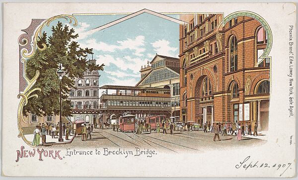 New York, Entrance to the Brooklyn Bridge, Phoenix Brand Post Card Company, Commercial color lithograph 