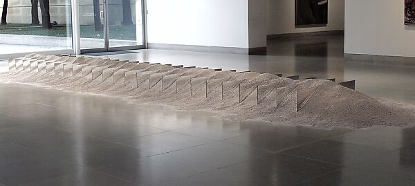 Mirrors and Shelly Sand, Robert Smithson (American, Passaic, New Jersey 1938–1973 Amarillo, Texas), Fifty 12-inch x 48-inch mirrors, back to back; beach sand with shells or pebbles, approximately 28 feet long 