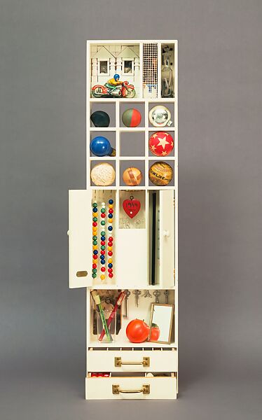 Repository, George Brecht (American, New York 1926–2008 Cologne), Wall cabinet containing pocket watch, thermometer, plastic and rubber balls, baseball, plastic persimmon, "Liberty" statuette, wood puzzle, toothbrushes, bottlecaps, house number, plastic worm, pocket mirror, lightbulbs, keys, hardware, and photographs 
