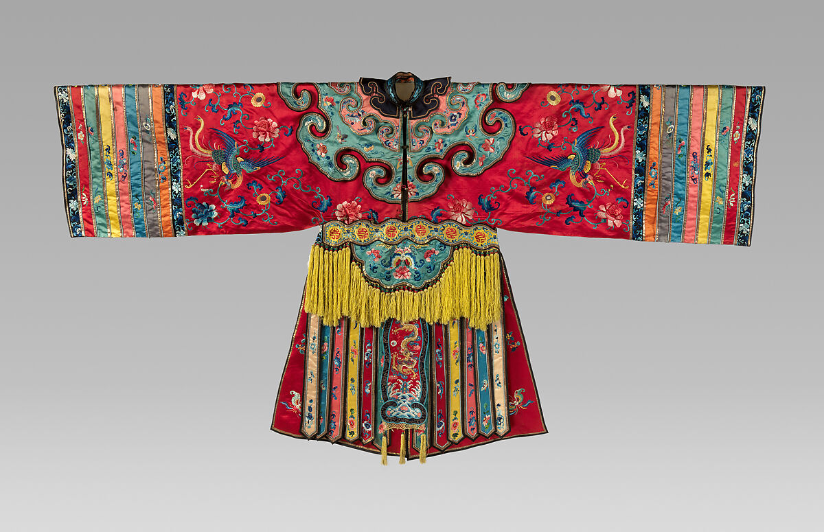 Theatrical robe with phoenix and floral patterns, Silk thread embroidery on silk satin, China 