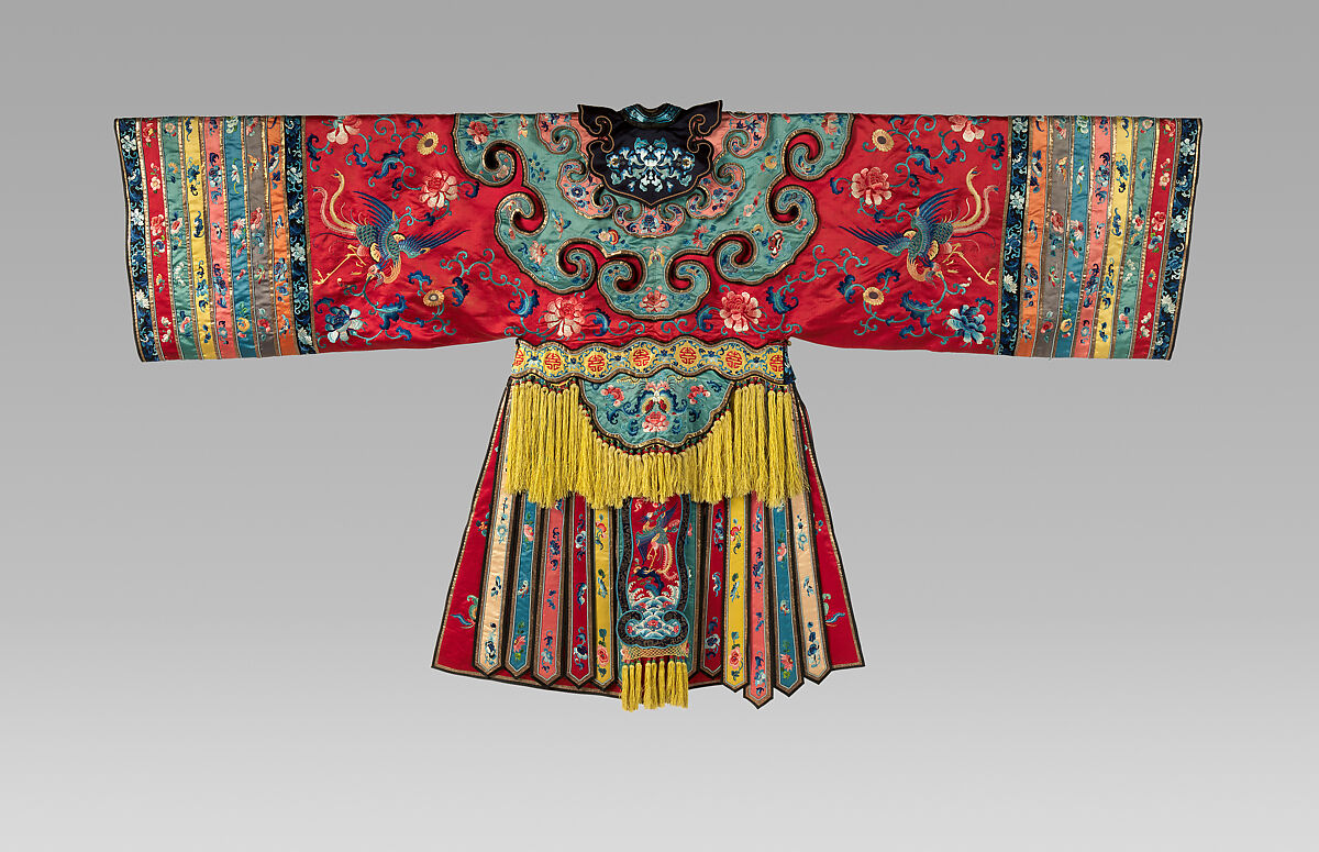 Theatrical robe with phoenix and floral patterns, Silk thread embroidery on silk satin, China