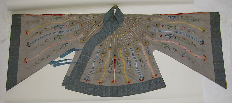 Theatrical jacket with peacock feather design, Silk and metallic thread embroidery on silk satin, brocade borders, China 