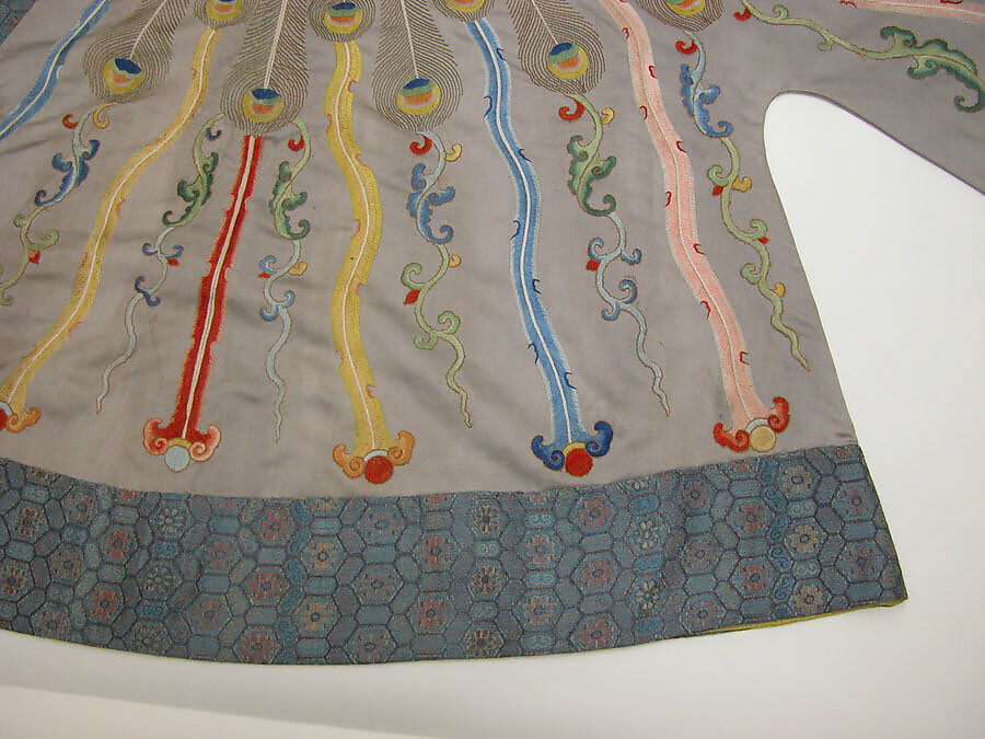 Theatrical jacket with peacock feather design, Silk and metallic thread embroidery on silk satin, brocade borders, China