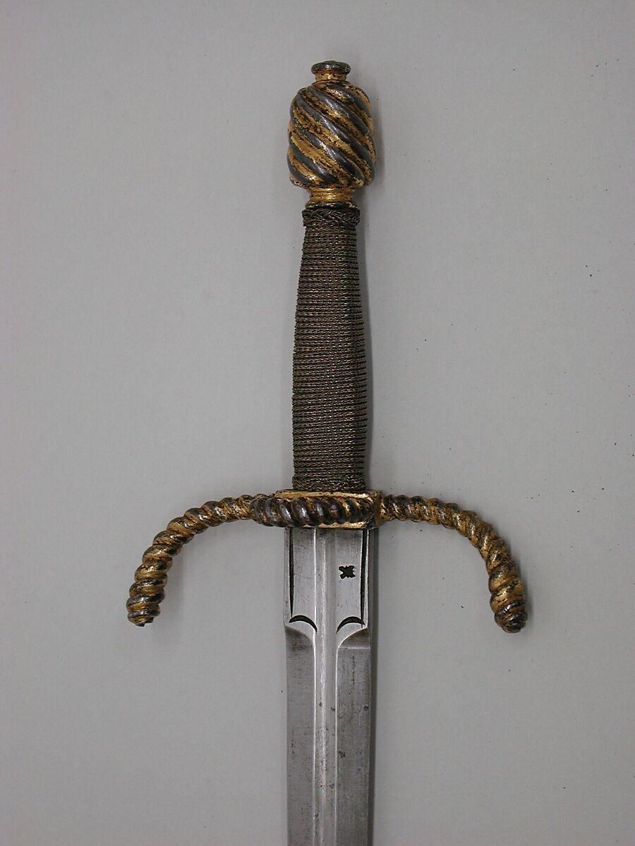 Rapier and Parrying Dagger, Rapier blade signed by Juan Martinez (Spanish, Toledo, active ca. 1600), Steel, gold, copper wire, wood, velvet, German; rapier blade, Spanish, Toledo