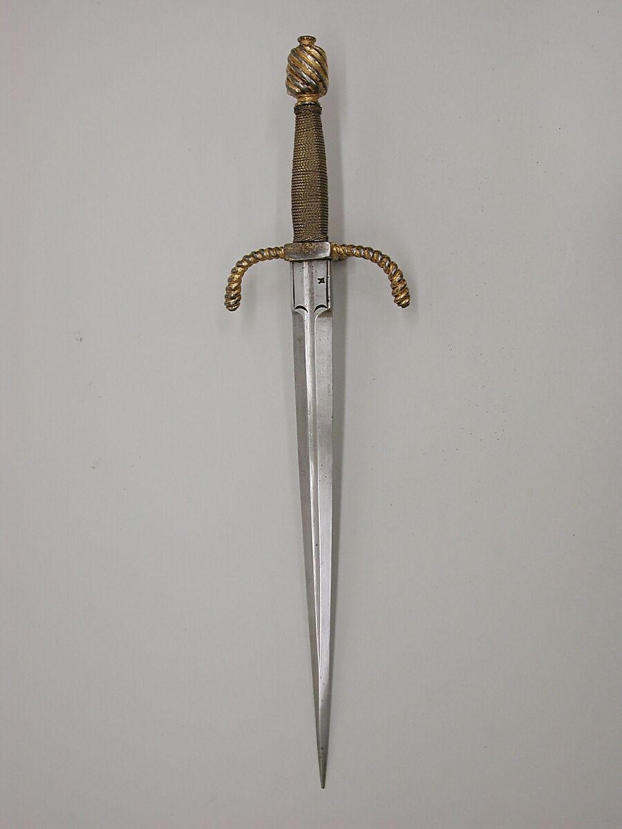 Rapier and Parrying Dagger, Rapier blade signed by Juan Martinez (Spanish, Toledo, active ca. 1600), Steel, gold, copper wire, wood, velvet, German; rapier blade, Spanish, Toledo