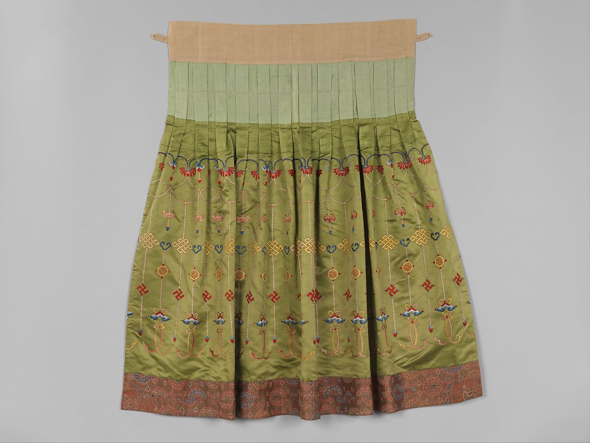 Theatrical skirt with designs from Buddhist jewelry, Silk and metallic-thread embroidery on silk satin, brocade borders, China 