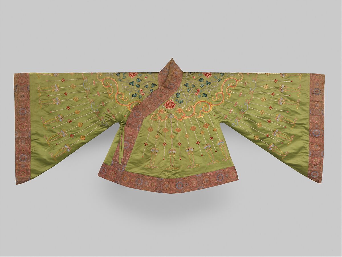 Theatrical jacket with designs from Buddhist jewelry, Silk and metallic-thread embroidery on silk satin, brocade borders, China 