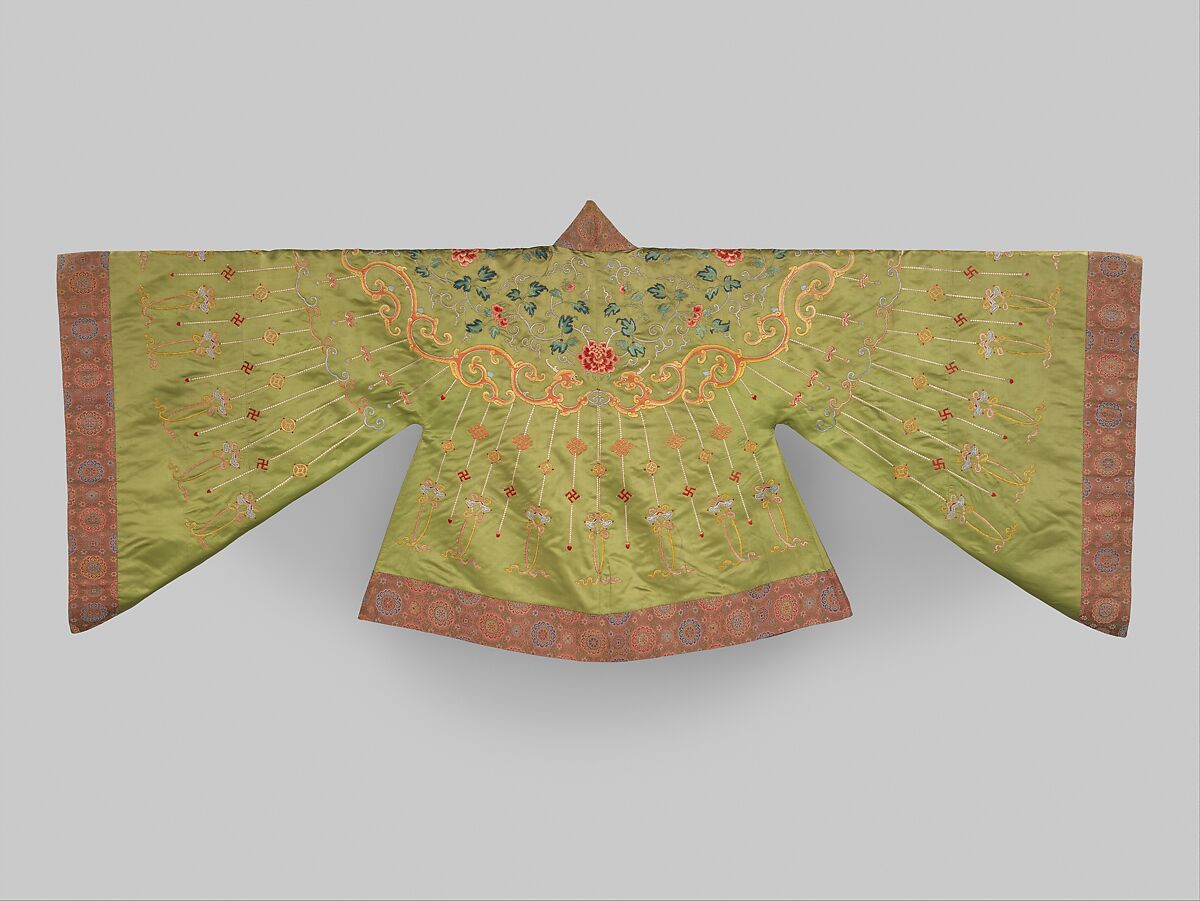 Theatrical jacket with designs from Buddhist jewelry, Silk and metallic-thread embroidery on silk satin, brocade borders, China
