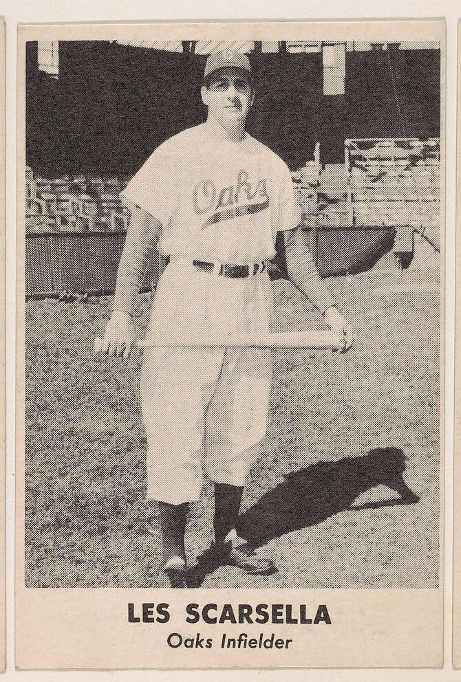 Les Scarsella, Oaks Infielder, from the Oakland Baseball Players (Oaks) series (D317), issued by Sunbeam Bread and Remar Bread, Issued by Sunbeam Bread, Commercial color lithograph 