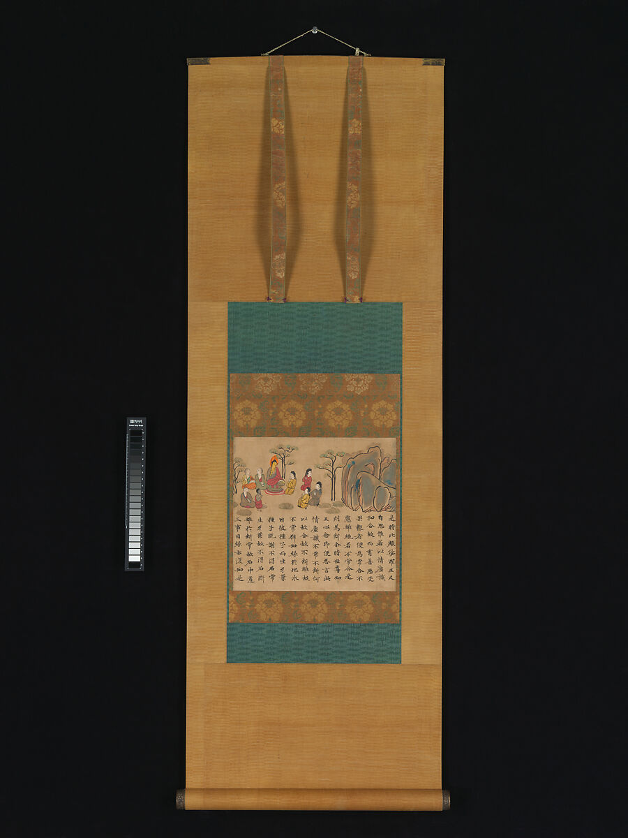 “The Historical Buddha Preaching,” a section from The Illustrated Sutra of Past and Present Karma (Kako genzai inga kyō emaki), Unidentified artist Japanese, mid-8th century, Handscroll section mounted as a hanging scroll;  ink and color on paper, Japan