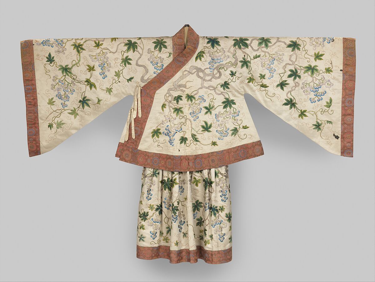 Theatrical jacket with grapevines, Silk and metallic-thread embroidery on silk satin, brocade borders, China