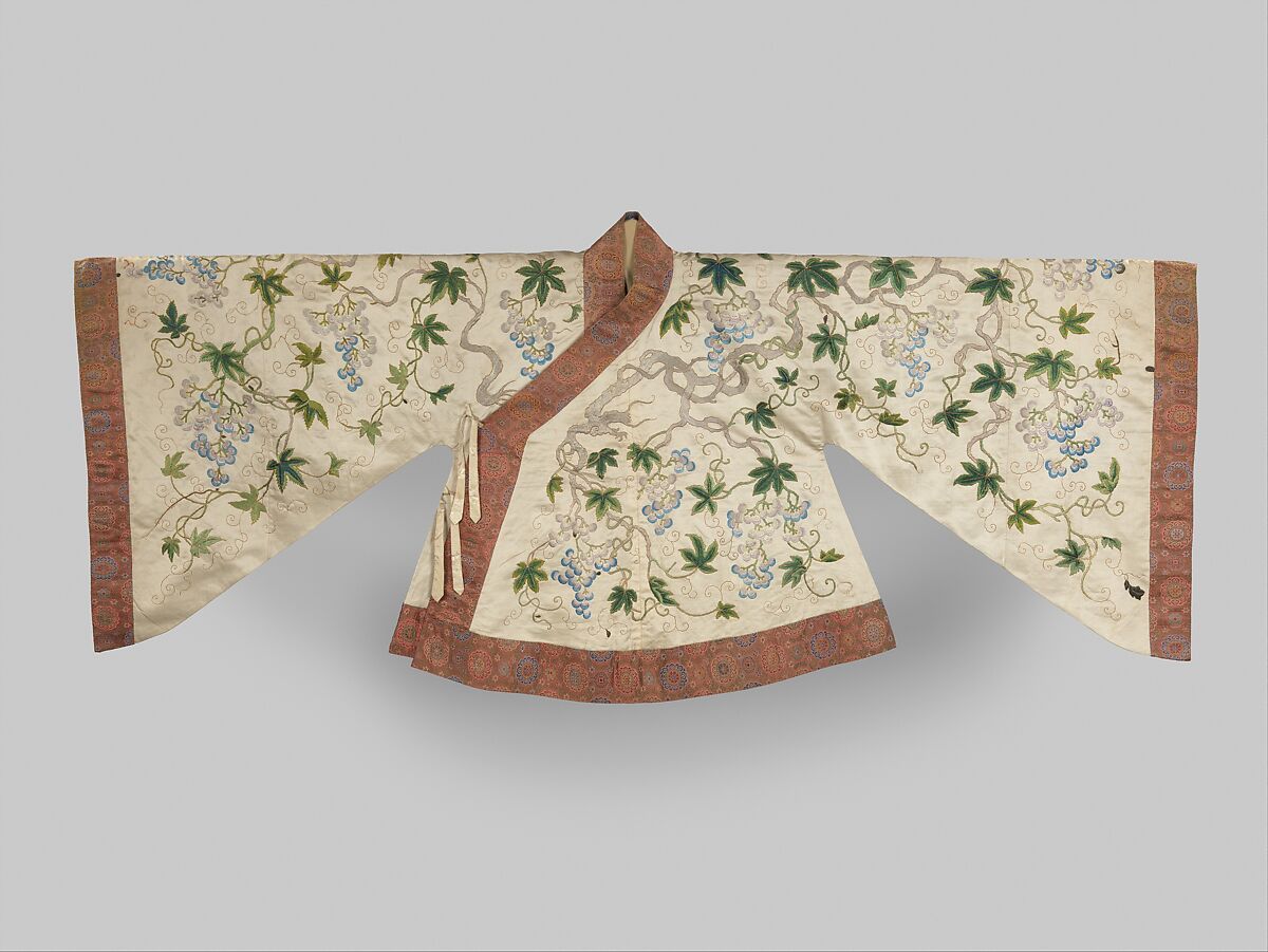 Theatrical jacket with grapevines, Silk and metallic-thread embroidery on silk satin, brocade borders, China 
