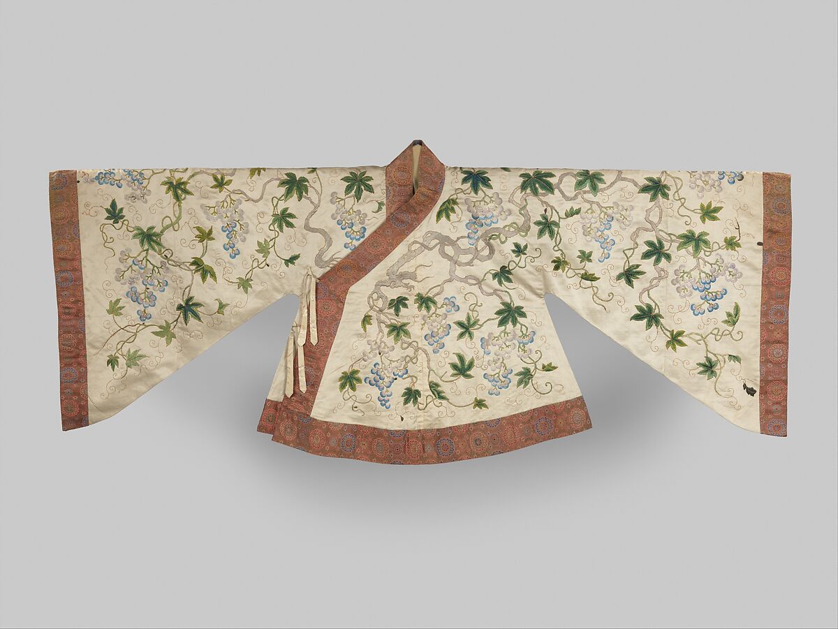 Theatrical jacket with grapevines, Silk and metallic-thread embroidery on silk satin, brocade borders, China