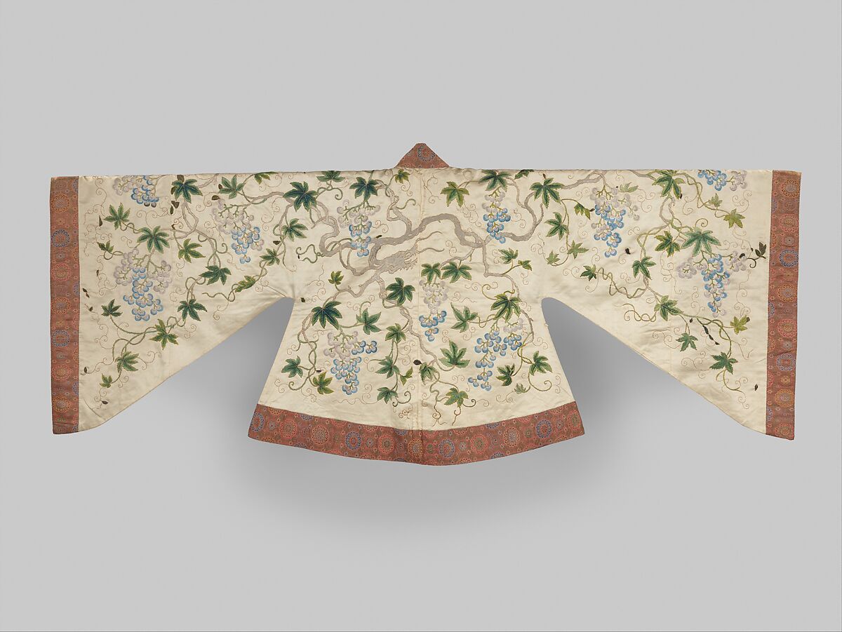 Theatrical jacket with grapevines, Silk and metallic-thread embroidery on silk satin, brocade borders, China