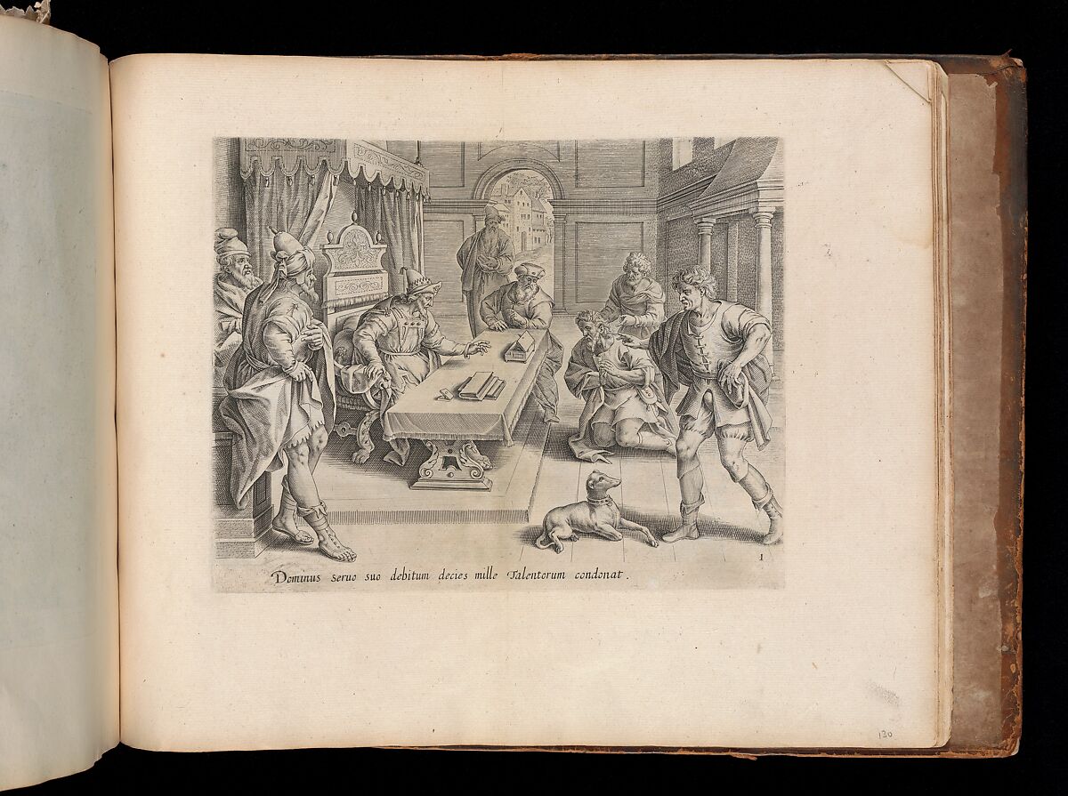 The King Cancelling his Servant's Debt, from the Parable of the Unmerciful Servant, bound in Thesaurus Sacrarum historiarum Veteris et Novi Testamenti, Anonymous, Netherlandish, 16th century, Engraving 
