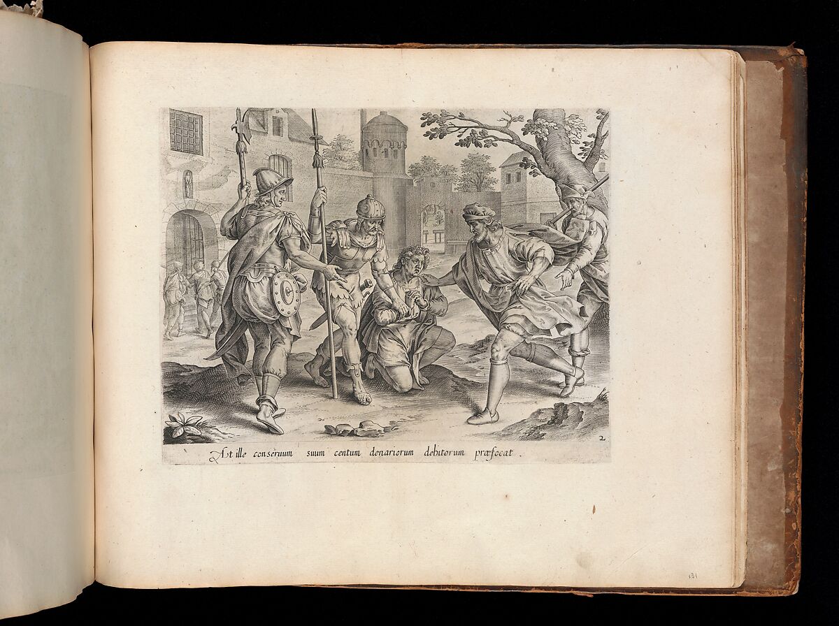 The Servant Sending his Fellow Servant to Prison, from The Parable of the Unmerciful Servant, bound in "Thesaurus Sacrarum historiarum Veteris et Novi Testamenti", Anonymous, Netherlandish, 16th century, Engraving 