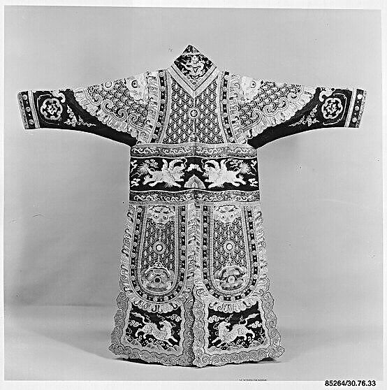 Theatrical Robe for the Role of a Guard, Silk and metallic-thread embroidery on silk satin; appliqué of various woven silks, China 