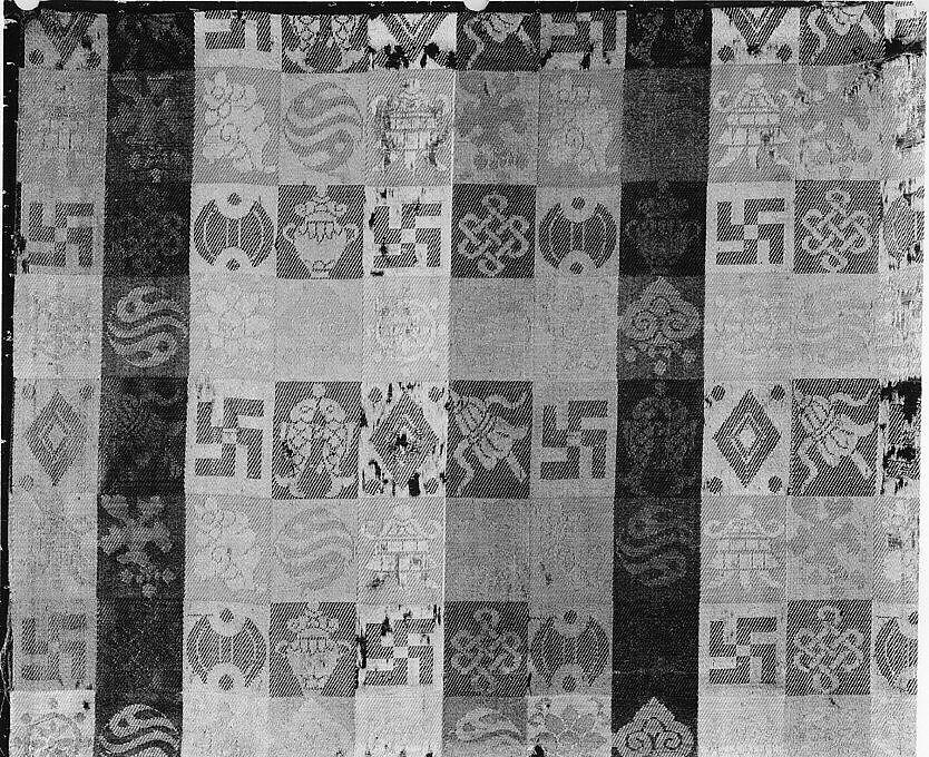 Textile fragment with auspicious symbols, Silk twill damask, China