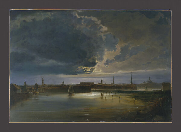 Moonlit View of Stockholm, Peder Balke (Norwegian, Helgøya, Nes 1804–1887 Oslo (Kristiania)), Oil on panel 