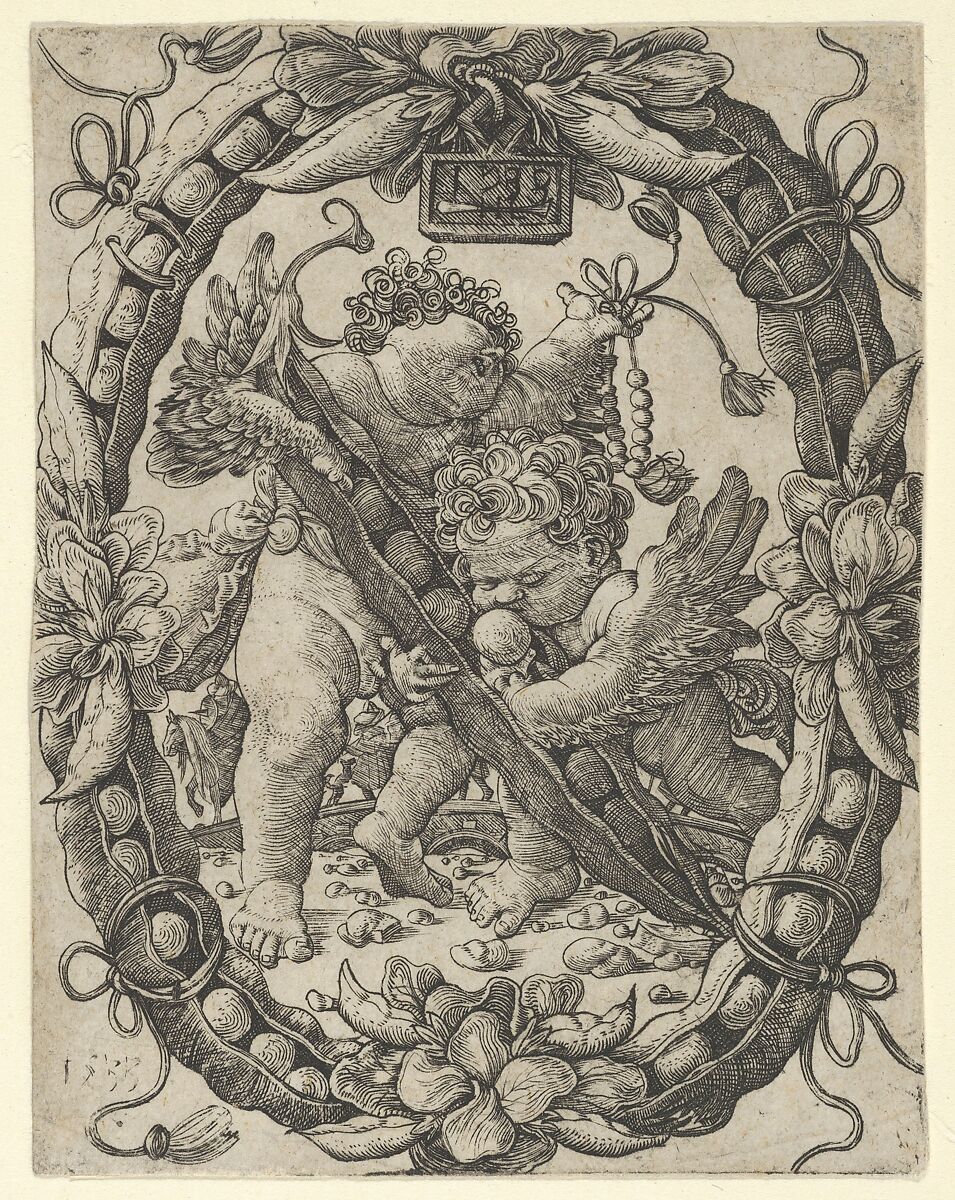 Two Angels with a Peapod, Master HL (German, active ca. 1511–33), Engraving 