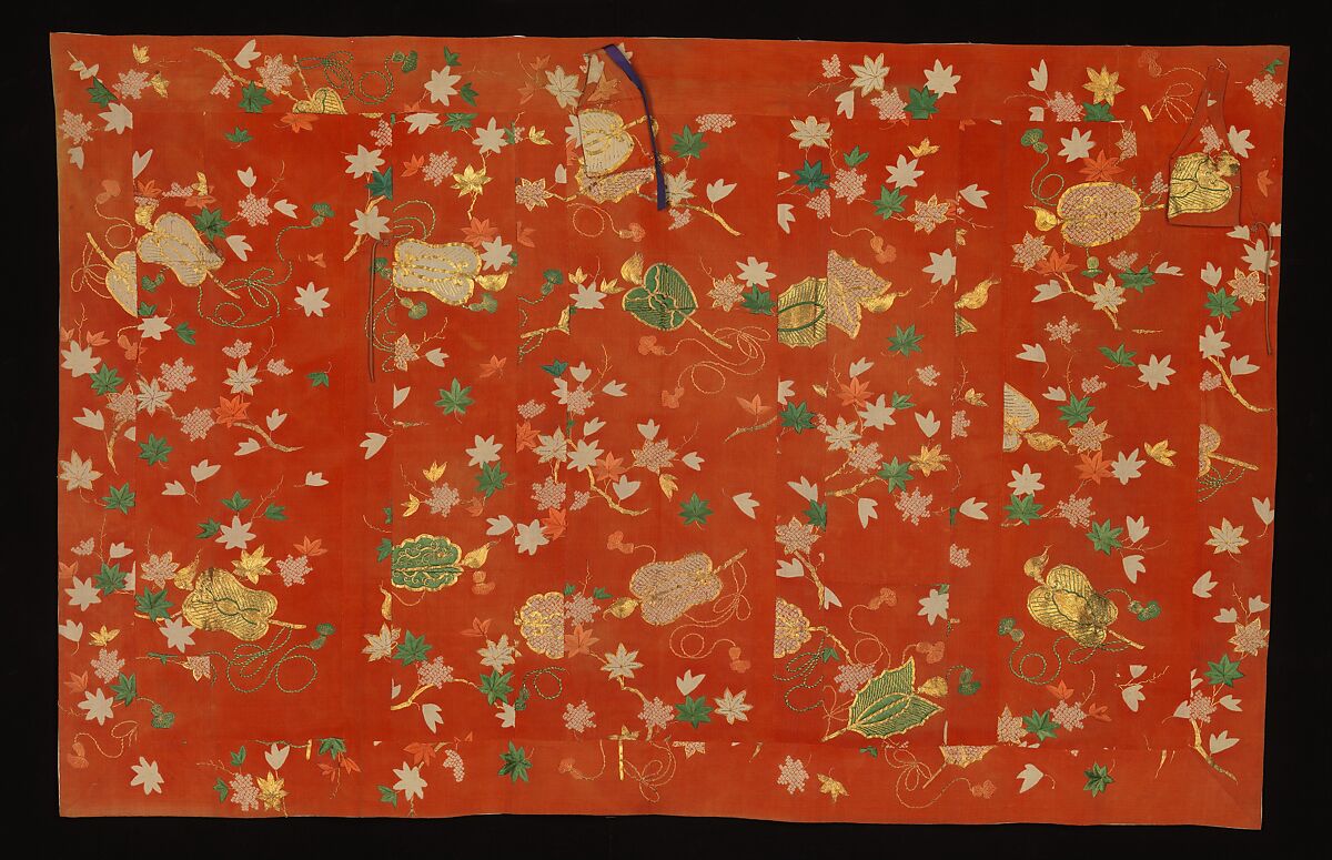 Buddhist Vestment (Kesa) with Maple Leaves and Fans, Paste-resist dyed silk crepe (chirimen) with shaped-resist dyeing, silk and metallic-thread embroidery, Japan 