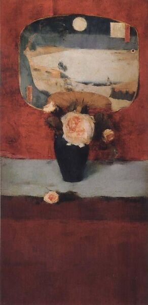 Roses and Japanese Fan, Fernand Khnopff (Belgian, Grembergen 1858–1921 Brussels), Oil on canvas 