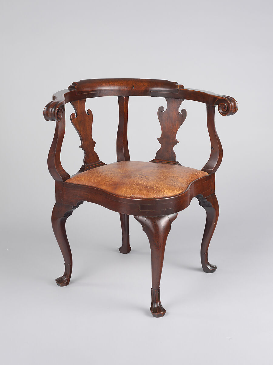 Corner chair, Attributed to Joseph Armitt (American, 1715–1747), Walnut, yellow pine; leather (modern), American 