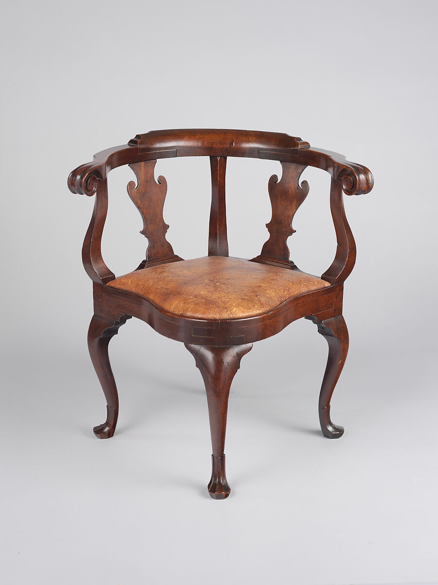 Corner chair, Attributed to Joseph Armitt (American, 1715–1747), Walnut, yellow pine; leather (modern), American