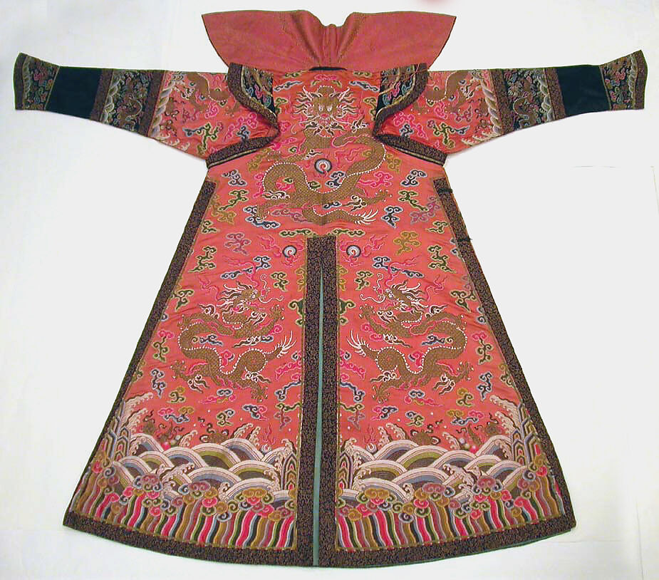 Woman's Robe of State, Silk and metallic thread embroidery on silk satin weave patterned with extra continuous wefts, China