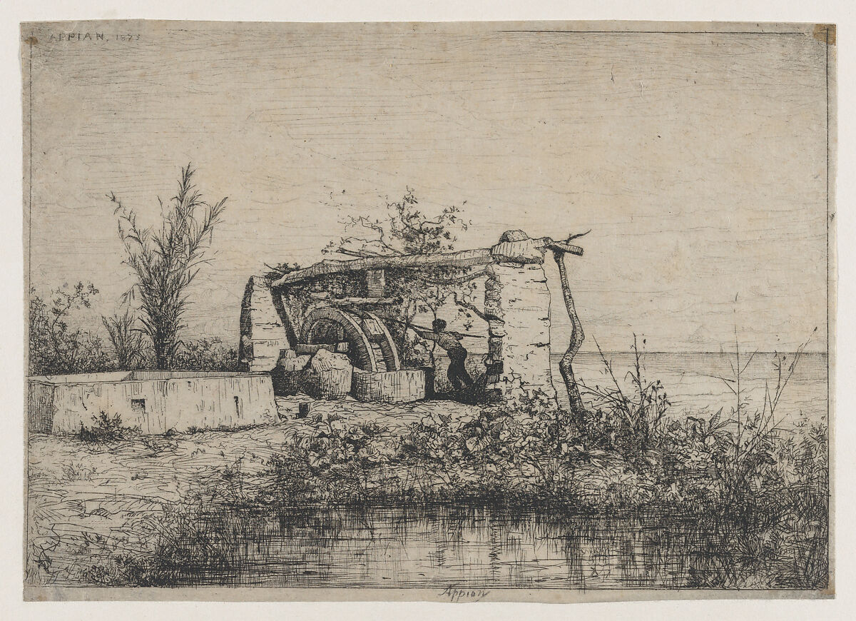 A  Water Wheel in Bordighera (Italy), Adolphe Appian (French, Lyon 1818–1898 Lyon), Etching; first state of four 