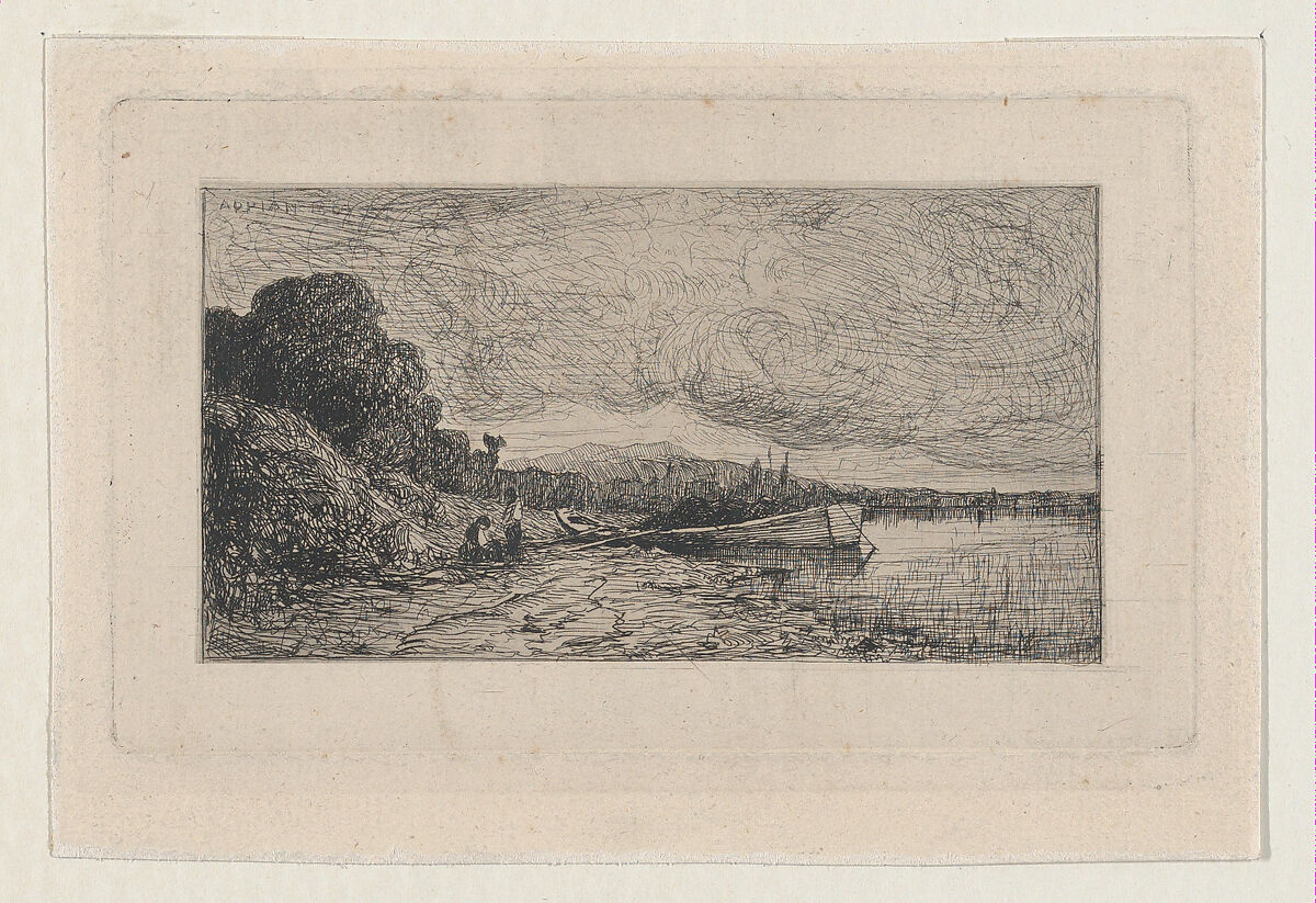 Barge on the Bank of a River, Adolphe Appian (French, Lyon 1818–1898 Lyon), Etching; first state of three 