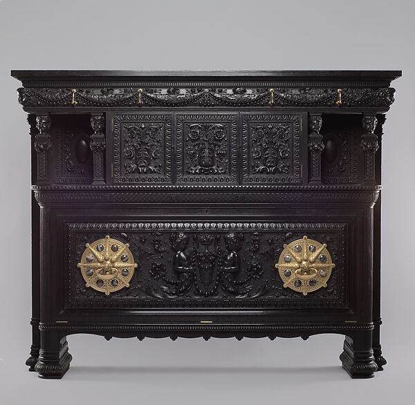Cabinet from the drawing room of the Worsham-Rockefeller House, George A. Schastey &amp; Co. (American, New York, 1873–1897), Ebonized oak, brass, gilded bronze, and agate, American 