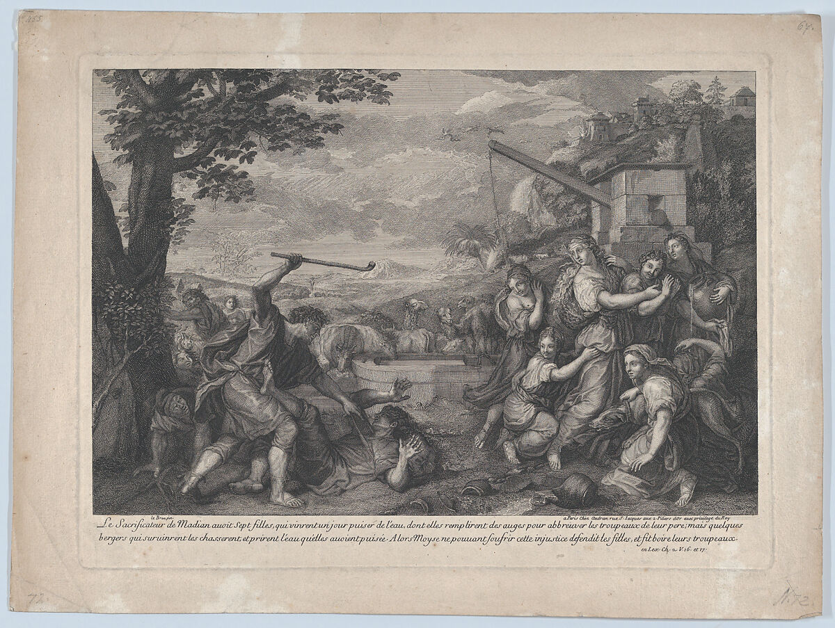 Moses Defending the Daughers of Jethro, after Le Brun, Jean Audran (French, Lyons 1667–1756 Paris), Etching 