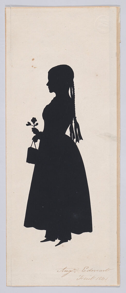 Young Girl with Long Braids and Pantalettes, Holding a Flower, Auguste Edouart (French, 1789–1861), Cut black paper pasted onto folded sheet of white paper 