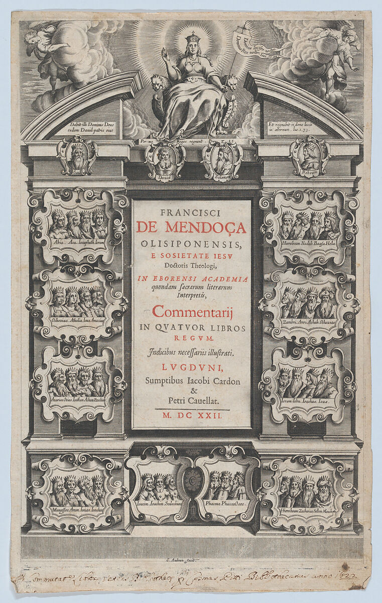 Frontispiece for Commentarij in Quator Libros Regum by F. de Monoça, Charles Audran (French, Paris 1594–1674 Paris), Etching 