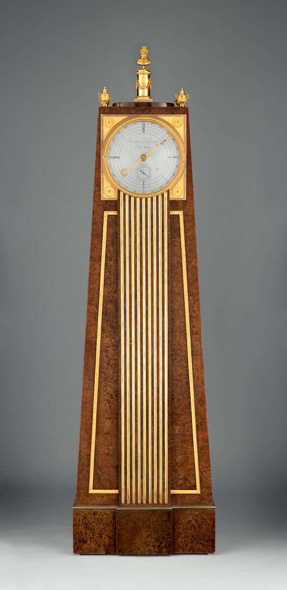 Obelisk clock with a Franklin movement, Case maker: David Roentgen (German, Herrnhaag 1743–1807 Wiesbaden, master 1780), Oak, thuya burl wood, gilded bronze, silver, and steel, German, Neuwied am Rhein 