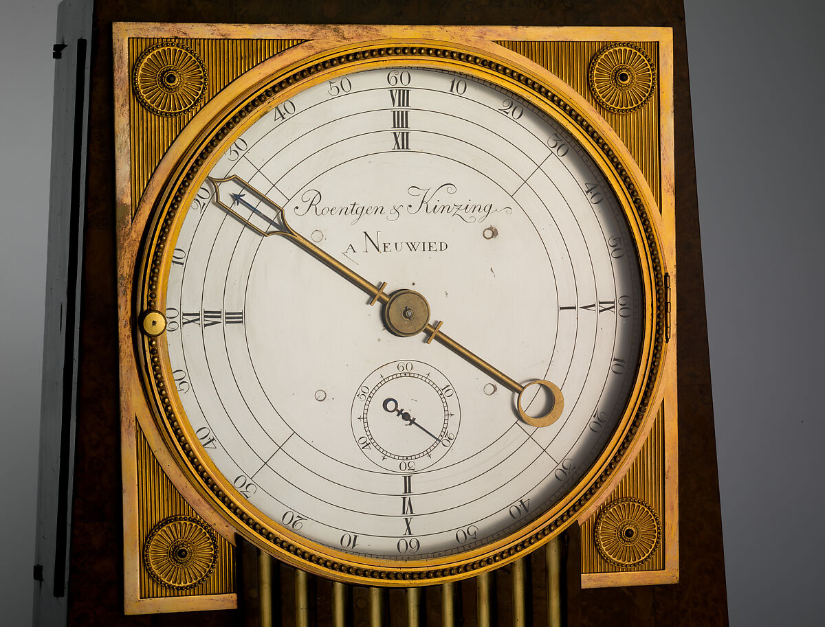 Obelisk clock with a Franklin movement, Case maker: David Roentgen (German, Herrnhaag 1743–1807 Wiesbaden, master 1780), Oak, thuya burl wood, gilded bronze, silver, and steel, German, Neuwied am Rhein
