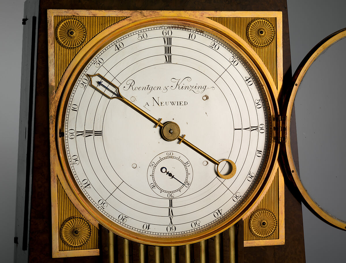 Obelisk clock with a Franklin movement, Case maker: David Roentgen (German, Herrnhaag 1743–1807 Wiesbaden, master 1780), Oak, thuya burl wood, gilded bronze, silver, and steel, German, Neuwied am Rhein