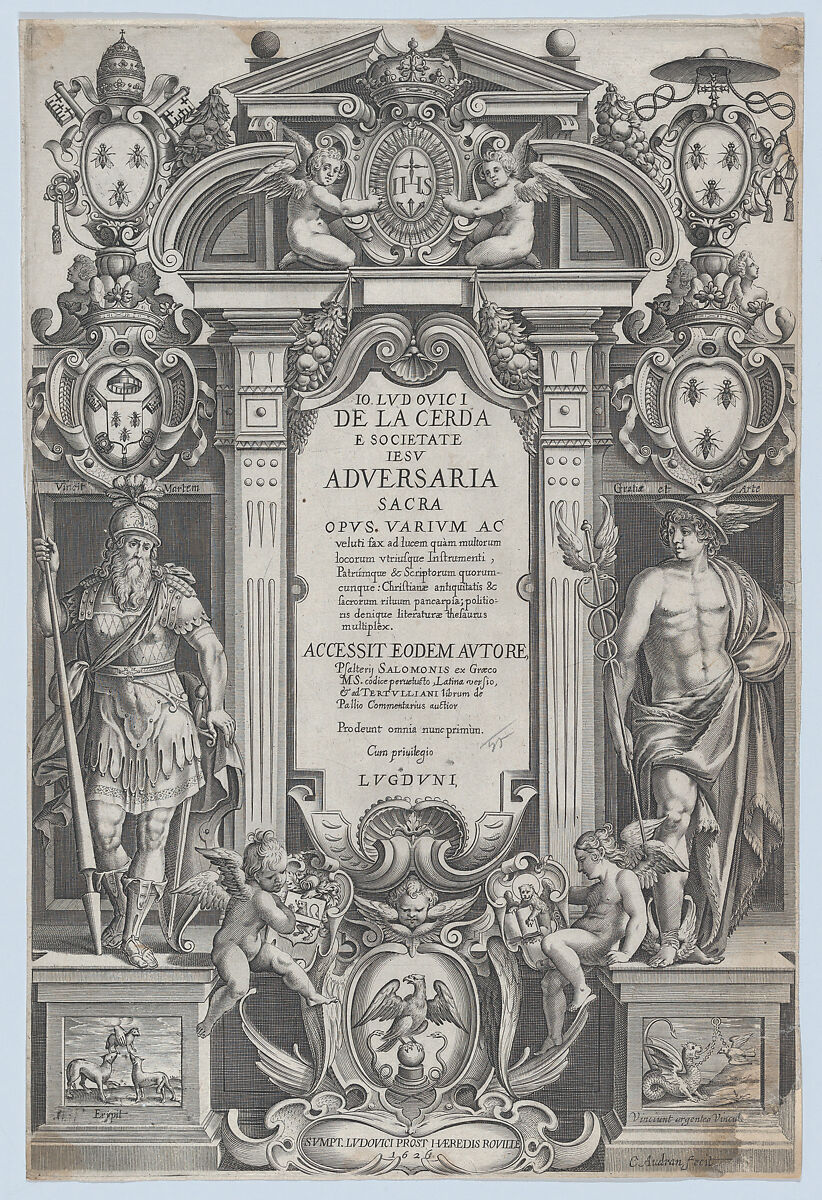 Frontispiece for 'Adversaria sacra', Charles Audran (French, Paris 1594–1674 Paris), Etching 