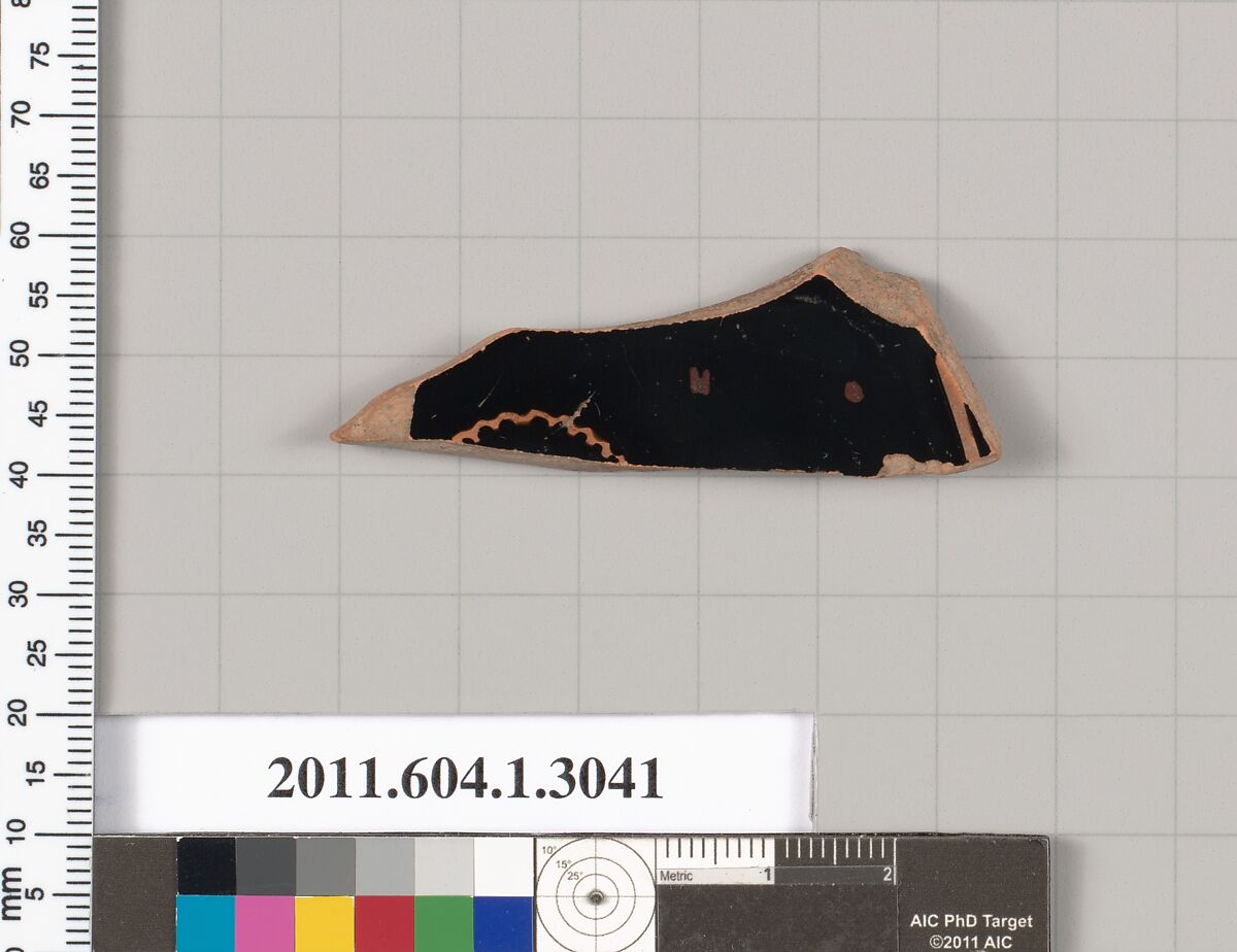 Terracotta fragment of a kylix (drinking cup), Terracotta, Greek, Attic