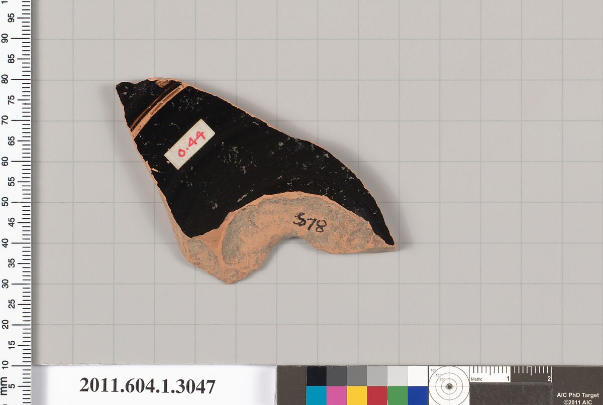 Terracotta fragment of a kylix (drinking cup), Terracotta, Greek, Attic