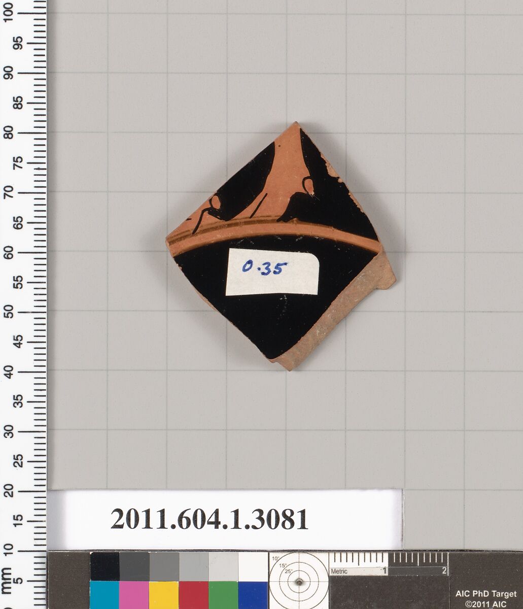 Terracotta fragment of a kylix (drinking cup), Terracotta, Greek, Attic